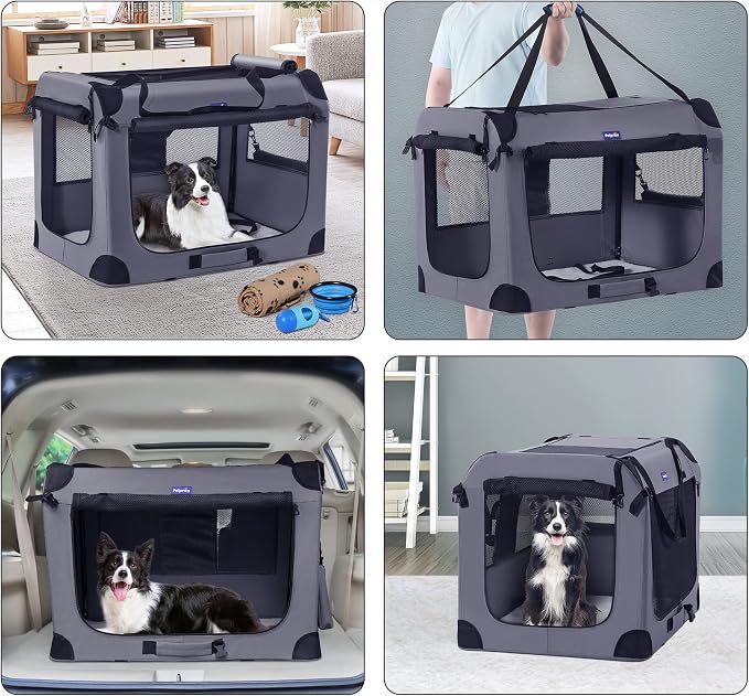 Petprsco Portable Dog Crates for Medium Dogs, 32"x23"x23" Travel Dog Crate | Collapsible Dog Crate with Plush Mat, Soft Blanket & Foldable Bowl, Strong Fabric, 4-Sided Vents, 3 Doors, Indoor/Outdoor Use