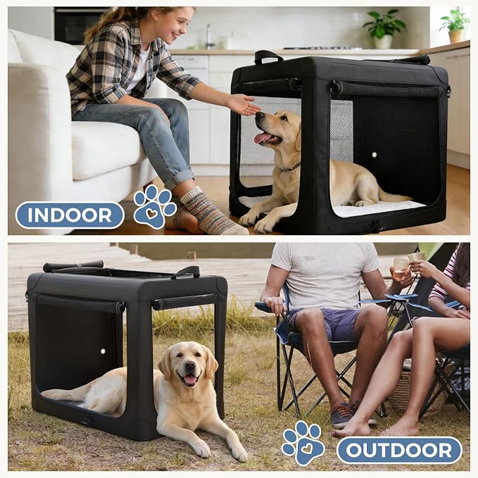 DUMOS Soft Dog Crate 24 Inch, Small Foldable Outdoor Cat Carrier | Foldable Portable Design, Indoor Outdoor Travel Kennel, Storage Bag, Washable Pad, Black