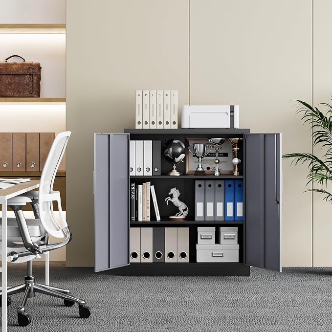Metal Garage Storage Cabinet with 2 Doors and 2 Adjustable Shelves - 35.5" Steel Lockable File Cabinet for Home Office,Garage,Gym,School（Gray Black）