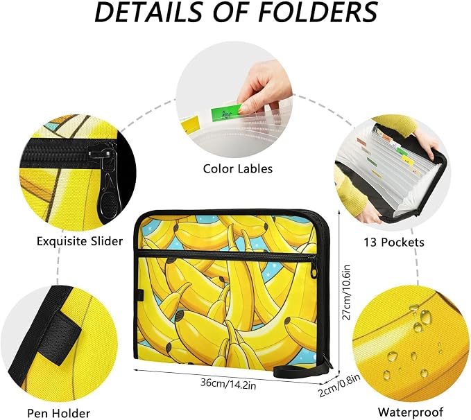 Yellow Banana Pattern with Blue Starry Background Expanding File Folder with Sticky Labels, 13 Pockets Accordion File Folder Document Organizer Expandable Zip File Folder with Zipper Closure