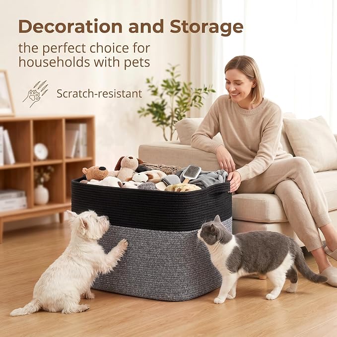 OIASKET 108L Cotton Rope Storage Basket for Living Room and Bedroom 25"x16"x16" Woven Laundry Basket, Heavy Duty Bin for Blankets, Pillows & Toys, Pet-Safe & Scratch-Free, Black