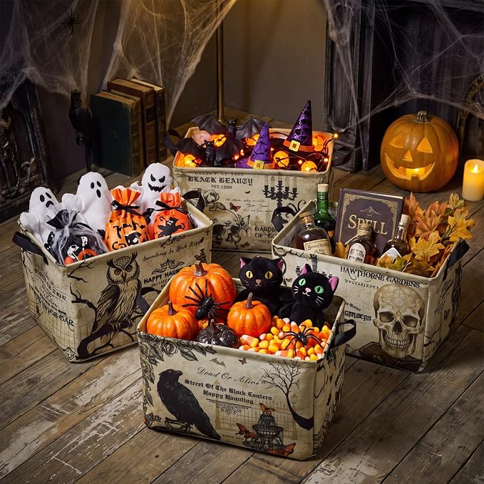 4 Pcs Vintage Halloween Storage Basket for Gifts Large Retro Gothic Themed Storage Bins with Handles 15 x 10 x 8 Fabric Laundry Baskets Halloween Collapsible Organizer Boxes for Home Cloth Toy