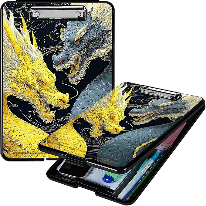 Heavy Duty Storage Clipboard, Slim Nursing Clipboard with Internal Pen Case, Portable File Organizer Case for A4 Letter Size Paper Office Medical Professionals, Gray-Yellow Dragon