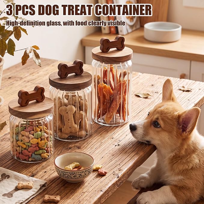 3 Pcs Glass Dog Treat Container, Dog Cookie Jar with Wooden Lid | 3 Sizes, Airtight Pet Treat Storage Container, for Kitchen Counter, Treats Canister, Doggie Cookie, Pets, Stripe Bone