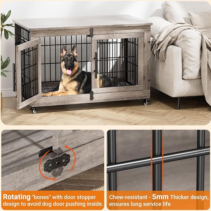 Large Dog Crate Furniture, 38'' Heavy Duty Wood Kennel w/Cushion & Wheels | Grey, Double Doors, Wooden Dog Cage, Chew-Resistant, End Table, Decorative, 27"/32"/38"/44" Options, Indoor