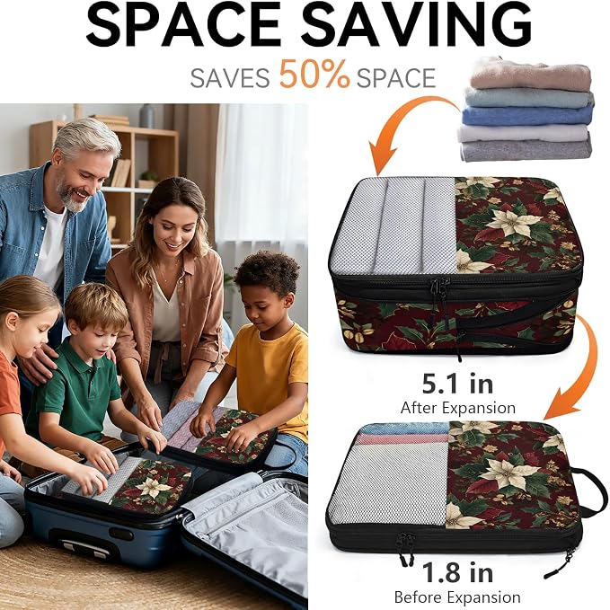 Christmas Poinsettia 6 Set Compression Packing Cubes Red Winter Xmas Expandable Packing Organizer for Travel Accessories Luggage Suitcase Bag