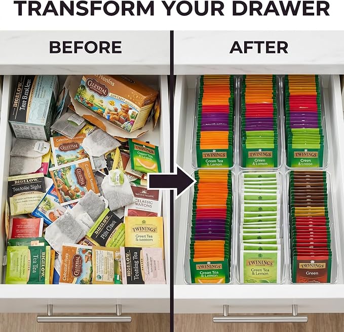 Tea Bag Organizer, Tea Bag Holder, Clear Plastic Tea Organizer for Cabinet, 2 Compartment Storage for Tea, Coffee, Sugar, Seasoning Packets, Fridge, Tabletop, Kitchen Countertop