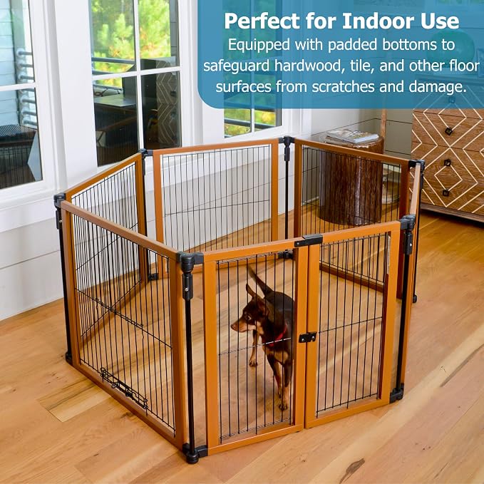 Cardinal Gates Indoor Pet Gate and Puppy Playpen, 6 Panels | Configurable indoor pet containment system with five fixed panels and one two-part latched panel.