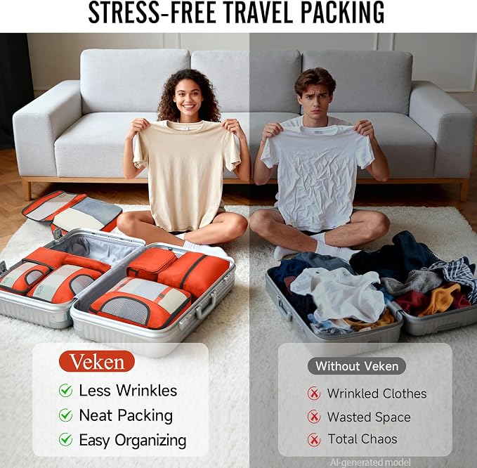 Veken 8 Set Packing Cubes for Travel Essentials, Suitcase Organizer Bags in 4 Sizes, Carry-On Luggage Accessories with Large Laundry & Hanging Toiletry Bag, Must-Have for Airplane, Road Trip & Camping