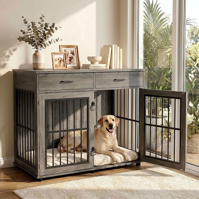 VOWNER 43.3" Large Dog Crate Furniture with 2 Drawers, Grey | Wooden Dog Kennel Furniture End Table with 3 Doors, XL Dog Kennel Indoor with Storage, Dog Cage TV Stand for Large Medium Dog