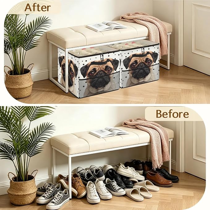 TropicalLife Polka Dots Pug Dog Shoe Organizer for Closet | Foldable Shoe Storage Box Bin 16-32 Pair Shoe Storage for Sneakers, Boots & Heels with Adjustable Dividers, Clear Cover