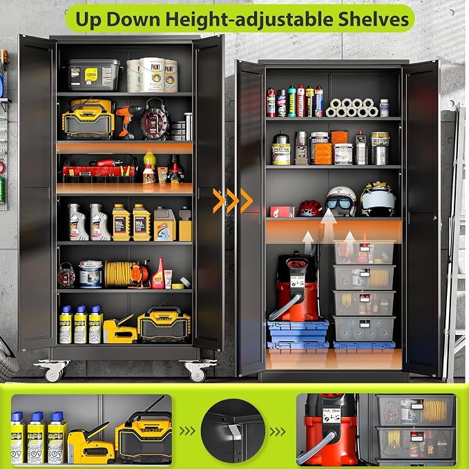 75-Inch Metal Garage Storage Cabinet with Wheels, Locking Doors and Shelves | 5 Adjustable Shelves, Locking Doors, Magnetic Closure, 360° Casters, Anti-Tip Kit, Cold-Rolled Steel