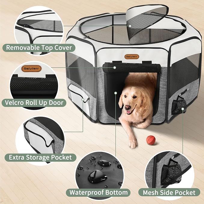 Seiyierr Dog Playpen, Portable Pet Play Pen Foldable Carrying Case, Puppy Pens Outsid for Small Cat Indoor/Outdoor, Removable Mesh Shade Cover