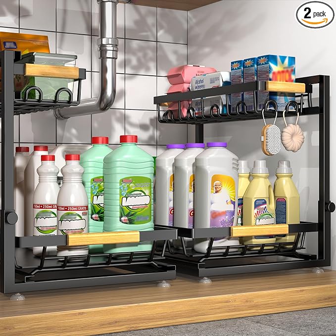 2-Pack 2-Tier Height Adjustable Under Sink Organizer & Storage | Multi-purpose storage for kitchen & bathroom cabinet. Extra Large black shelf, height adjustable design for space-saving.