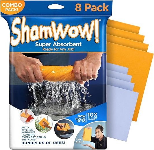 ShamWow Original Super Absorbent Multi-Purpose Cleaning Shammy Chamois Towel Cloth - Holds 10X its Weight in Liquid - Machine Washable - Will Not Scratch (8 Pack: 4 Large Orange & 4 Small Blue).