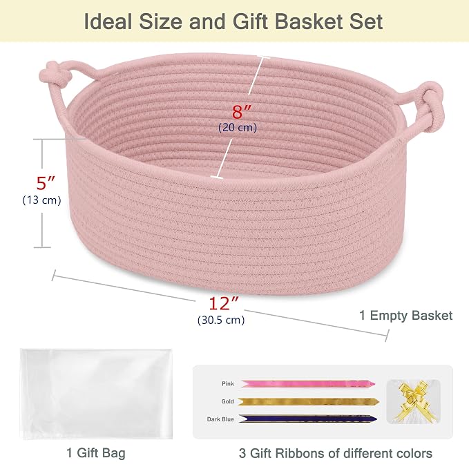 Small Empty Gift Basket with Bag & Ribbons, Dusty Pink | 12“x8”x5”, Cotton Rope Woven Basket for Birthdays, Baby Showers, Mother's Day, Christmas; Stores Small Items, Kids & Pet Toys
