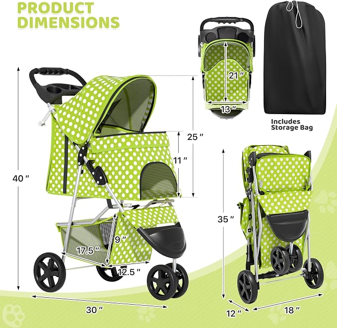 Magshion 3-Wheel Pet Stroller for Small/Medium Dogs & Cats, Up to 33lbs | Foldable Travel Jogger w/ Breathable Mesh Cover, Lightweight Design, Safety Tethers, Cup Holder & Storage Basket