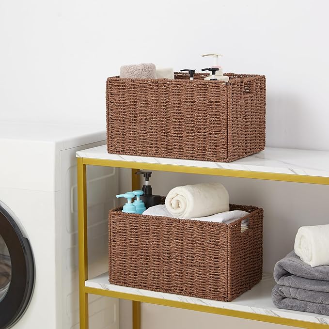 Vagusicc Large Wicker Storage Basket, Set of 2 Baskets for Organizing Brown | Hand-Woven Wicker Small Storage Baskets for Organizing Toilet Paper, Foldable Large Cube Storage Organizer Bins for Shelves