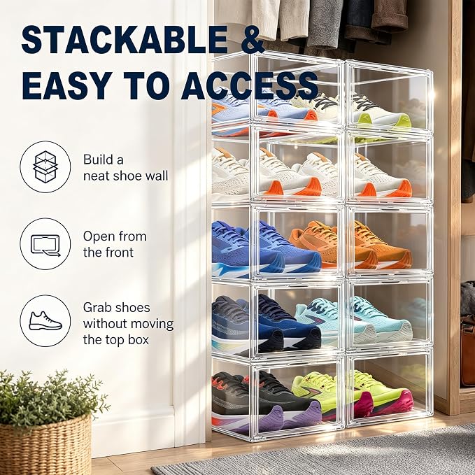 2 Pack Clear Acrylic Shoe Boxes Fit Size 12, Front Door for Small Closets | 10.2 x 13.4 x 7.5 in stackable shoe display case for apartments, dorms, entryways and compact closets. Fits up to US size 12