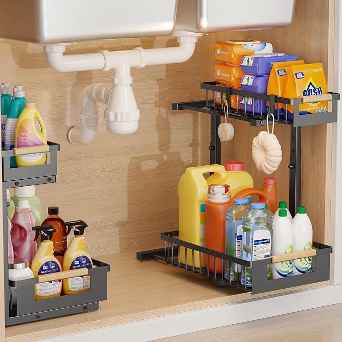 Under Sink Organizer, 2-Tier Slide Out Under Cabinet Storage for Kitchen/Bathroom, Adjustable Double Layer Under Sink Drawers, Space Saving Inder Sink Organizer for Cleaning Supplies(Black,2 Packs)