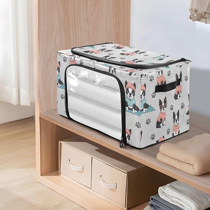 Cute Pets Dog Gray pattern Under Bed Storage Containers with Double Zipper Openings, Foldable Clothes Storage Bins with Clear Window and Handles for Bedding Comforters Blankets