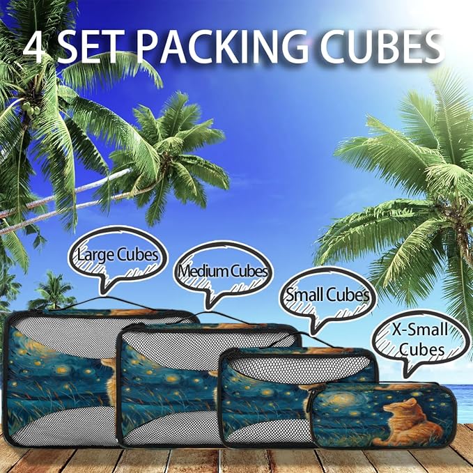 4 Set Packing Cubes for Travel, Cat Packing Cubes for Women, Travel Luggage Packing Organizers, Packing Cube Set, Cat Galaxy