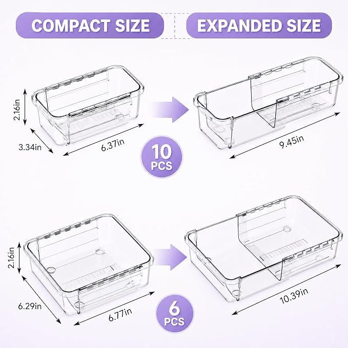 16 Pcs Extendable Clear Drawer Organizer|2-Size Expandable Drawer Dividers | Expanding Plastic Storage Boxes, Arcrylic Storage Bins for Vanity Makeup Drawer Dresser Kitchen Utensils DIY Desk Office