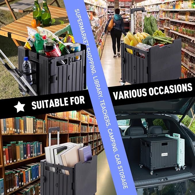 SUBICOO Folding Utility Cart Portable Rolling Crate Handcart Shopping Trolley Collapsible Tool Box, with Lid, on 4 Rotate Wheels, for Grocery, Shopping, Office, Teacher, Camp(Black)