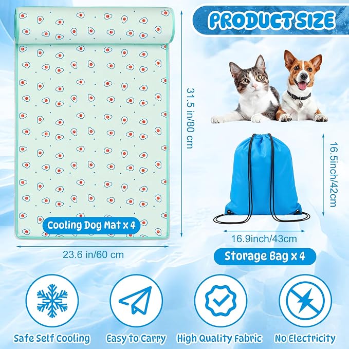 DoubleFill 4 Pack Cooling Pet Mats 23.6" x 31.5" Cooling Dog Beds with Supportive Pillow Self Ice Cool Pads Washable Summer Cat Sleeping Pad with Storage Bag for Summer Crate Floor (Large, Green)