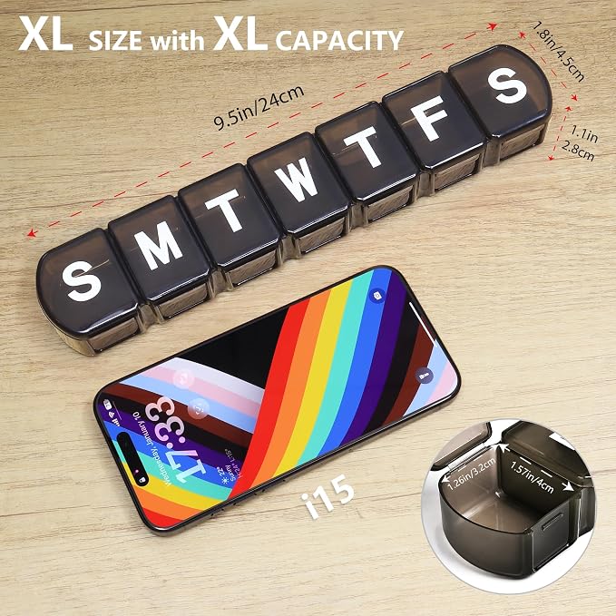 XL Weekly Pill Box Organizer 7 Day, 1 Week Jumbo Pill Dispenser Case One Time a Day, MOLN HYMY Daily Medicine Container to Hold Medication, Vitamins, Fish Oils and Supplement (Black