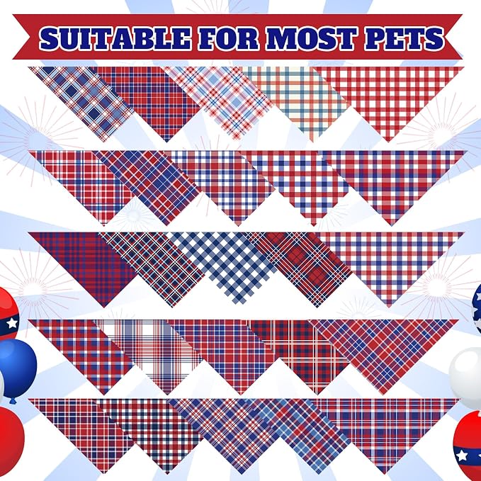 Abbylike 50 Pcs Patriotic Dog Bandanas Bulk, Red White & Blue Plaid