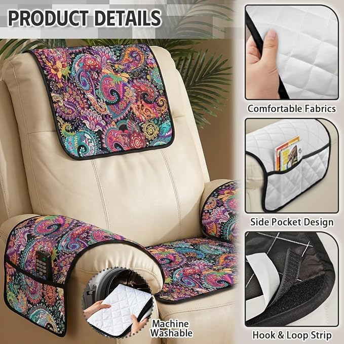 Paisley Floral Lazy Boy Recliner Chair Covers Cat Proof 4-Piece | Quilted Recliner Protectors with Pockets Non Slip Washable Elegant Chair Cover for Pet Kids Living Room Office
