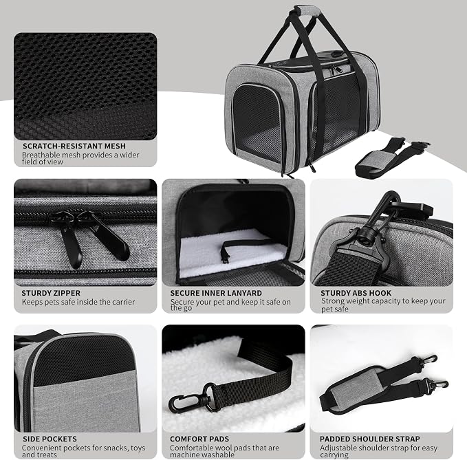 Carriers Soft-Sided Pet Carrier Case for Small Medium Cats Dogs Puppy Under 15 lbs,Airline Approved Cat Carrier with 4 Ventilated Windows (Medium,Grey&Black)