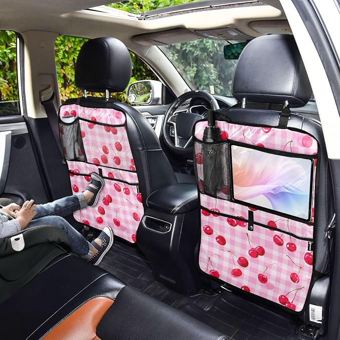 2 Pack Back Seat Car Organizer with Storage Pockets Kick Mats Back Seat Protector Hanging Car Organizer Automotive Seat Back Cover Organizers Pink Juicy Checkered Cherry