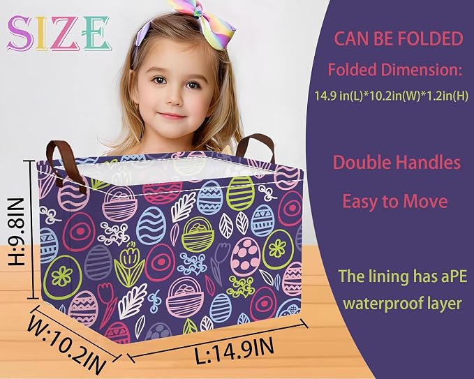 Large Rectangular Easter Baskets Empty Waterproof Boy Toy Box Foldable Kid's Gifts Storage Bin Spring Room Decor(Purple Striped Egg)