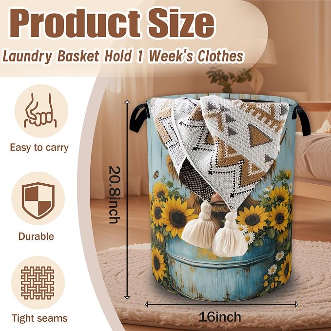 Highland Cow Laundry Hamper,Cow Sunflower Wood Laundry Baskets,Waterproof Oxford Cloth Toy Storage for Bedroom,Bathroom,Nursery,16x20.8 Inch