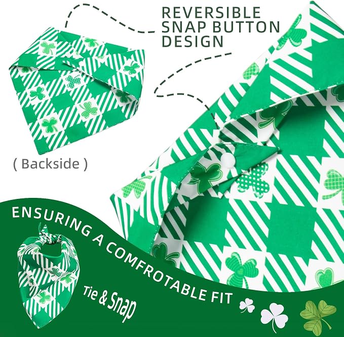 St Patricks Day Dog Bandanas Plaid Shamrock 3 Leaves - Pet Scarf with Adjustable Snap Button Cute Lucky Holiday Costumes for Irish Festivals, Small & Medium Breeds (5-30lbs)