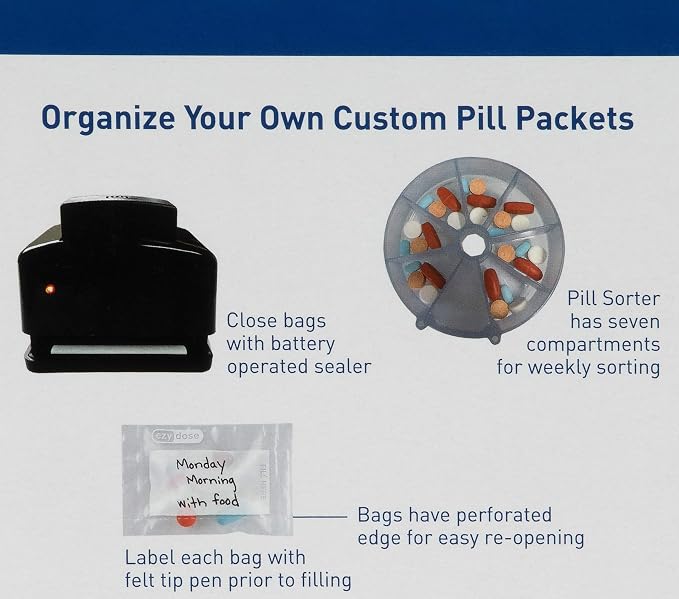 Ezy Dose Pill Suite Weekly (7-Day) Pill Organizer, Vitamin and Medicine Packaging System for Travel, Includes Sorter, Sealer, Batteries, and 200 Easy-Tear Pill Pouches, BPA Free