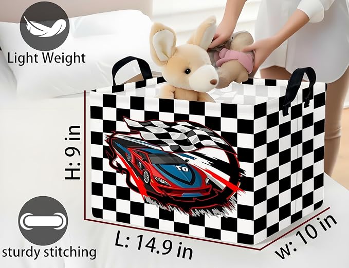 Large Boys Checkered Basket Canvas Kids Toy Storage Bin Nursery Baby Organizing Decor (Check Racing Car)