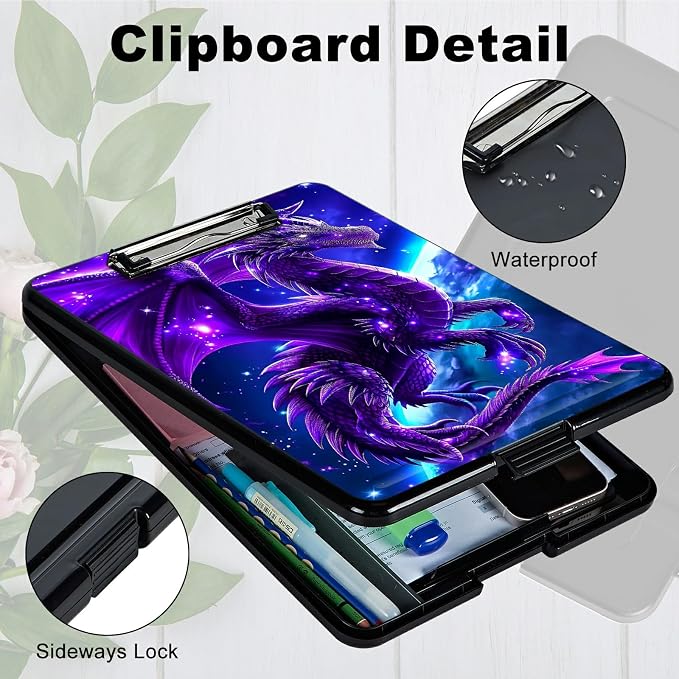 Purple Planet Dragon A4 Clipboard with Storage Pen Holder, Clipboards Organizer Nursing Clipboard Foldable File Folder Plastic Clipboard Folio Clip Board for Office Students Classroom