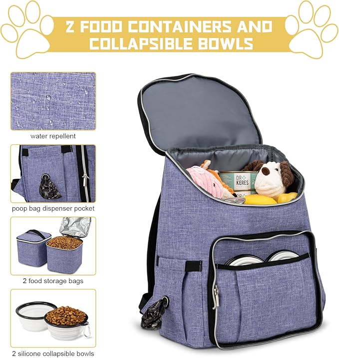 BAGLHER Travel Dog Backpack - Detachable Travel Dog Food Container for Pet Supplies Dog Gear Backpack,Dog Bag for Traveling with 2 Silicone Collapsible Bowls and 2 Food Baskets Purple