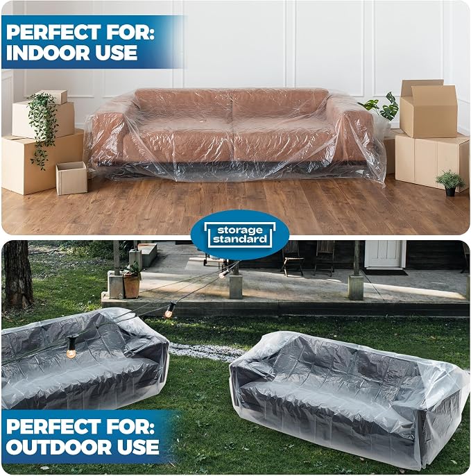 Plastic Furniture Covers for Moving - Heavy-Duty Couch Cover for Sofa, Waterproof & Dustproof Clear Moving Bags for Renovation, Wrap or Storage - Extra Large Bag Open Size 96 x 42 x 62 Inch