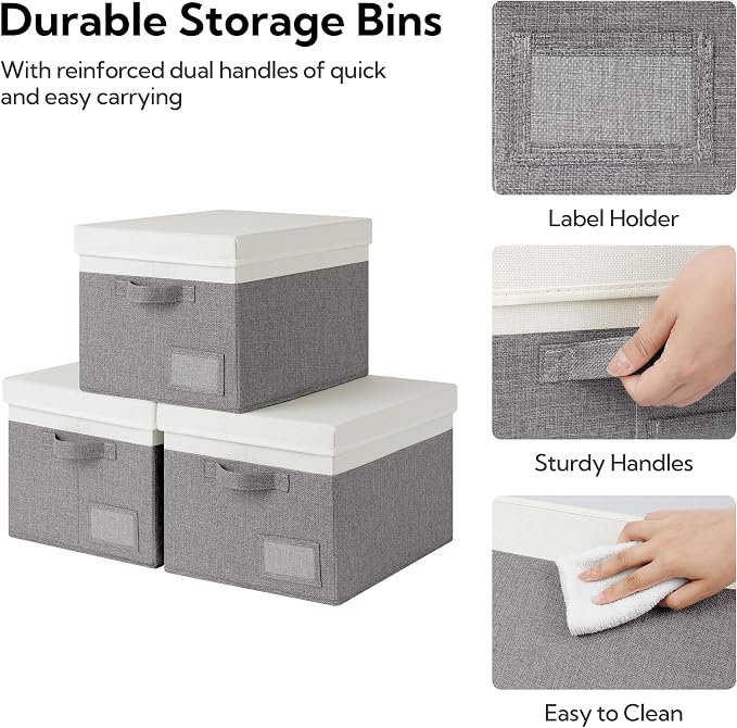 GRANNY SAYS Storage Bins with Lids, Decorative Storage Boxes with Lids | Storage Box with Dust Cover, Handles & Lable, Collapsible, Ideal for Closet Clothes Blanket Toys, Large, White&Gray, 3-Pack