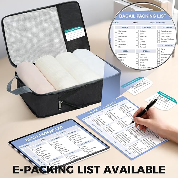 BAGAIL Lightweight Compression Packing Cubes for Travel, 6 Set, Black | Salis Nylon Fabric,Anti-Tearing,Save Space,SBS Zippers,Packing List,PVC Tag Pocket,Custom Labels,Visible Mesh,Portable Handel