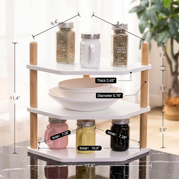 3-Tier Bamboo Corner Shelf, Kitchen Countertop Storage Organizer, Cabinet Plate Rack for Pantry Organization, Bathroom, Desktop, 9.4 x 9.4 x 11.4 Inch