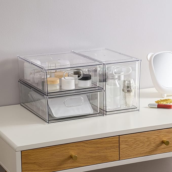Mano 3PackFridge Drawer Pull Out Stackable Bins with Handle Clear Refrigerator Drawers Organizer Food Storage Container Box with Dividers Plastic Produce Saver for Pantry, Cabinet, Kitchen（2L+1XL）
