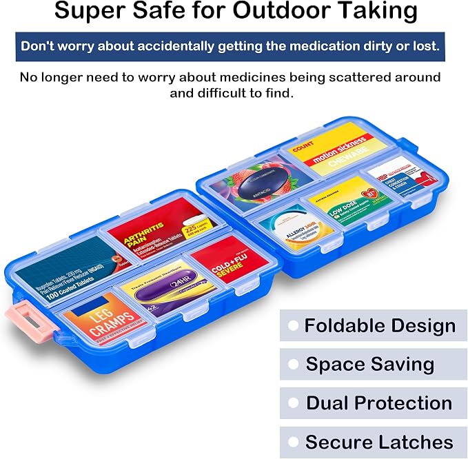 Extra Large Pill Organizer with 161 Medicine Labels, Travel Pill Case | Blue Extra large case with 10 compartments for 7-day pill planning, vitamins, supplements, and travel