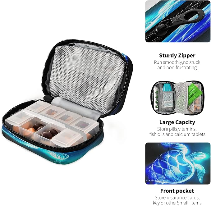 Galaxy Turtle Pill Box 7 Day Pill Case Travel Pill Organizer Bag with Zipper Portable Weekly Case Compact Size for Vitamin Supplement Holder