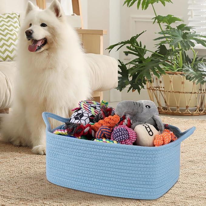 OIAHOMY Woven Basket, Gift Basket Empty with Gift Bags and Ribbons, Rope Baskets for Baby Showers, Storage Baskets with Handles for Nursery, Pet Toy Organizer - Blue