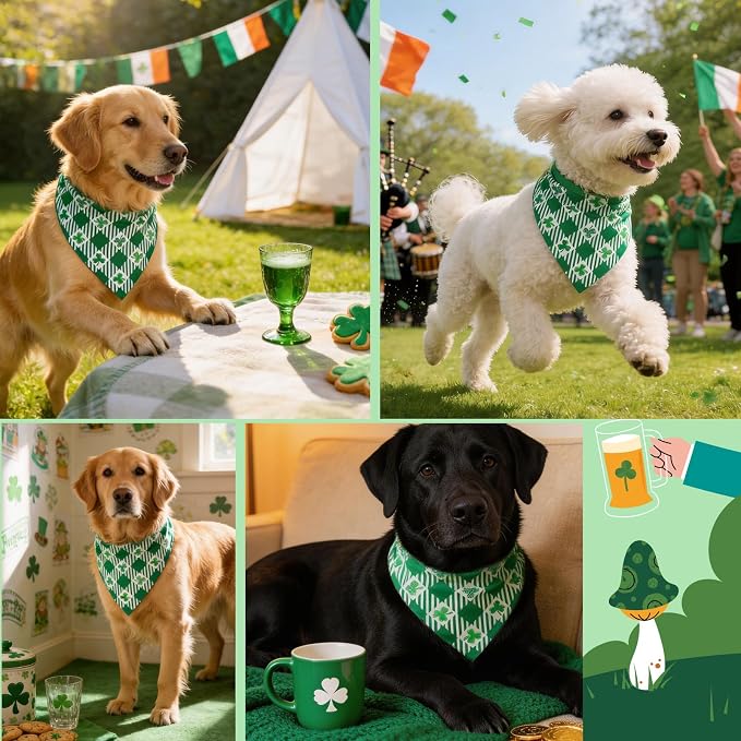 St Patricks Day Dog Bandanas Plaid Shamrock 3 Leaves - Pet Scarf with Adjustable Snap Button Cute Lucky Holiday Costumes for Irish Festivals, Small & Medium Breeds (5-30lbs)